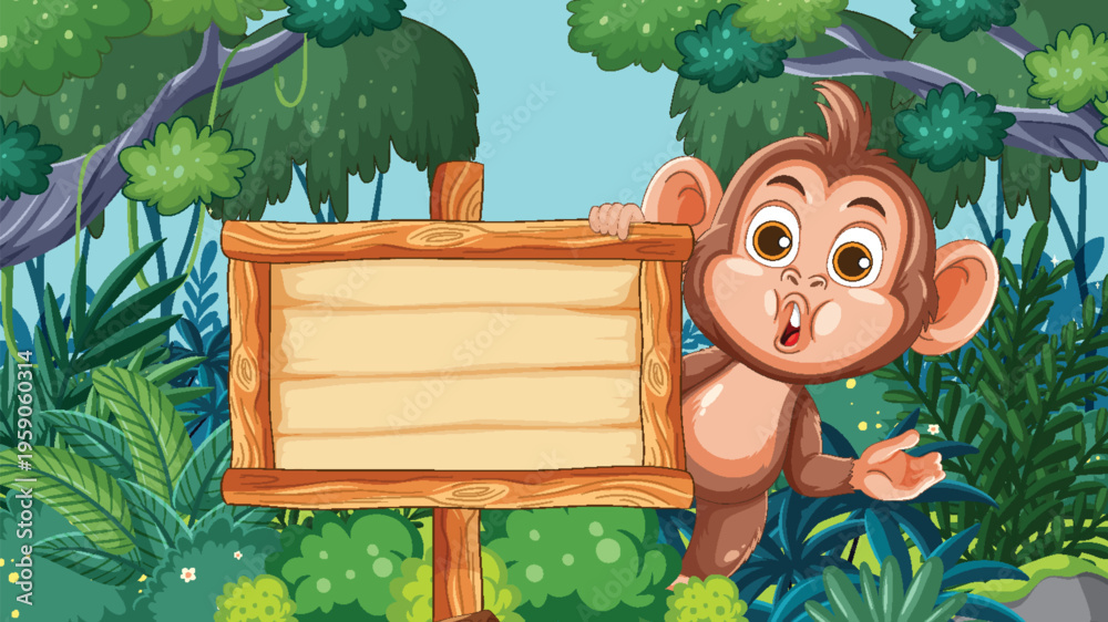 Obraz premium Cartoon Monkey Holding Wooden Sign in Jungle Scene