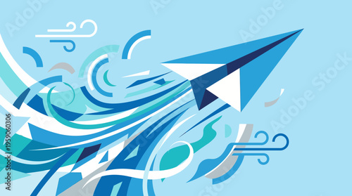 Blue and white paper airplane flying.