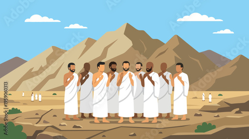 Group of men in white robes standing.