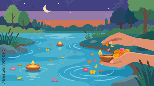 Hands holding floating candle lights.