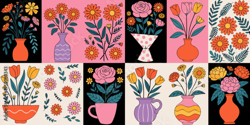 Ten distinct graphic floral designs are presented in square panels, utilizing a warm palette of orange, pink, and yellow contrasted against black and light backgrounds.
