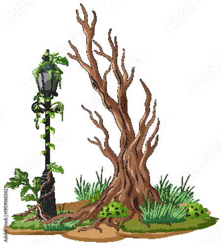 Overgrown Street Lamp Beside Leafless Tree in Abandoned Setting