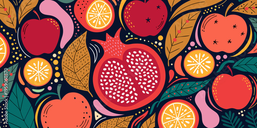 Richly detailed seamless pattern displays halved pomegranates, whole apples, and citrus slices interwoven with dark leaves against a deep navy background for rich texture.
