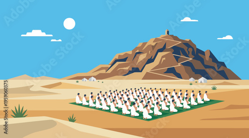 Muslims praying on green mat desert.