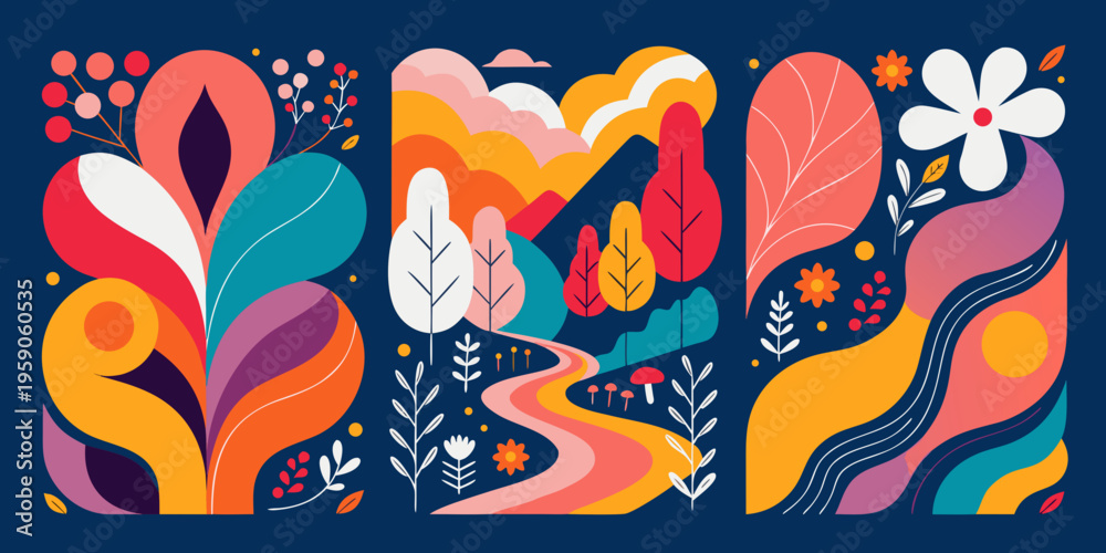 Naklejka premium Vibrant abstract nature compositions feature stylized foliage, winding paths, and bold geometric shapes presented in a dynamic three-panel vertical layout against dark blue.