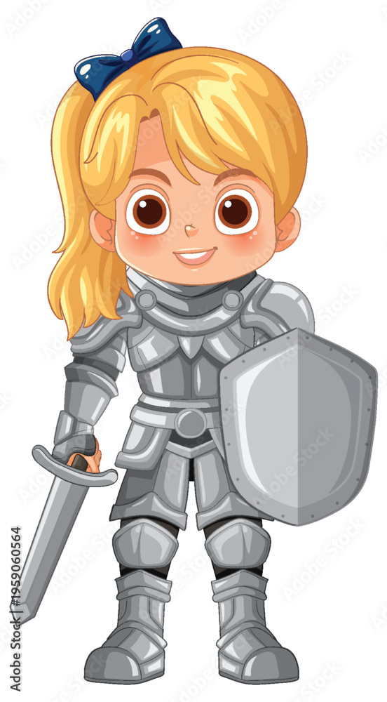 Obraz premium Blonde Girl in Shining Knight Armor Holding Sword and Shield