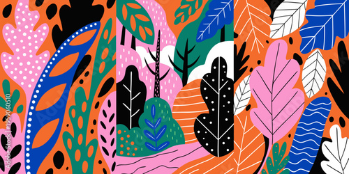 An immersive, vibrant jungle scene features oversized, richly colored leaves and abstract plant forms densely packed across the visual field.