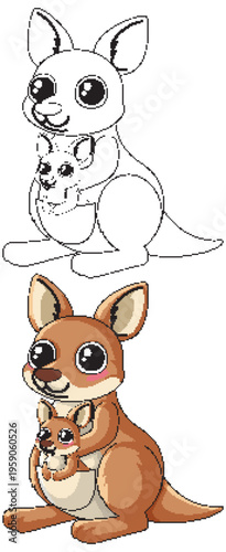 Cute Cartoon Kangaroo with Joey in Pouch Coloring Page and Illustration