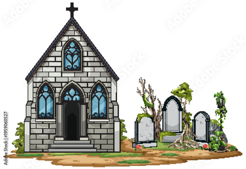 Old Stone Chapel Beside Overgrown Cemetery Graves