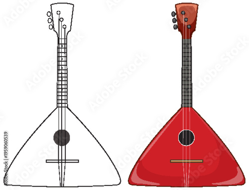 Vector Illustration of Russian Balalaika in Color and Outline