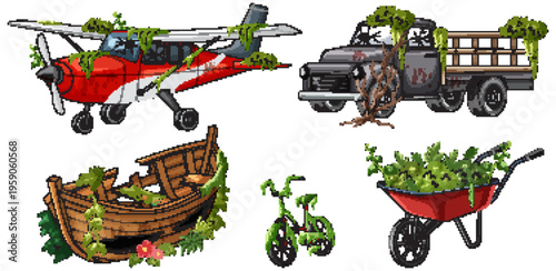 Abandoned Vehicles and Tools Overgrown with Green Vegetation