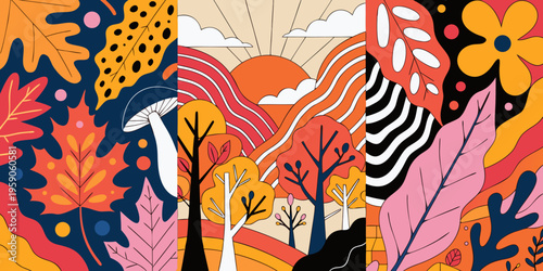 A panoramic composition illustrates a psychedelic sunset over rolling hills and stylized trees bordered by highly decorative abstract leaves and a solitary mushroom.