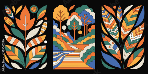 Stylized botanical motifs displaying geometric patterns and rich teal green and orange hues create a symmetrical decorative panel beside a landscape illustration.