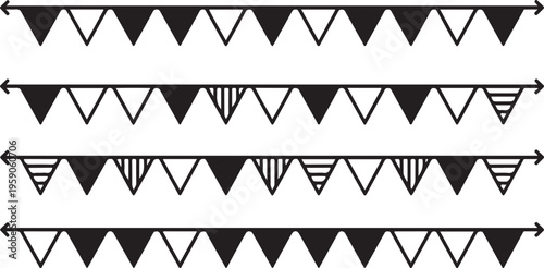 black and white illustration of various triangular pennant banners with different designs on strings for decoration
