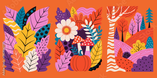 Vibrant abstract autumnal scenes featuring stylized foliage pumpkins and mushrooms are presented across three distinct vertical panels against an orange backdrop.