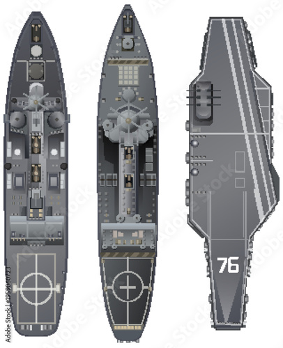 Top View Vector Illustration of Modern Navy Warships and Aircraft Carrier