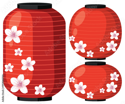 Red Japanese Lanterns with Cherry Blossom Floral Design