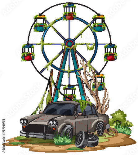 Abandoned Ferris Wheel and Rusty Car in Overgrown Park