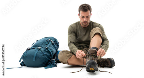 Man sitting on floor tying hiking boots with backpack beside him
