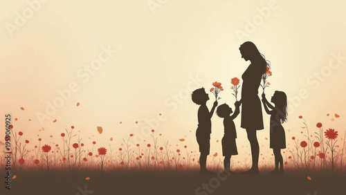 Family, Silhouette, Mother, Children, Flowers, Vector Illustration