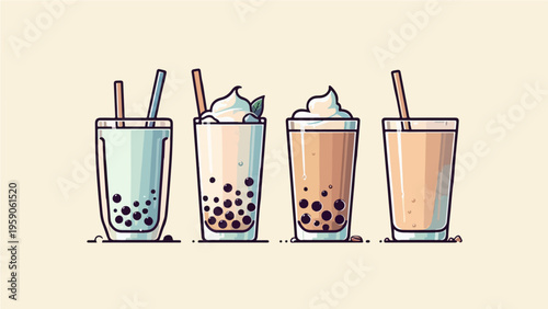 Four Varieties of Bubble Tea with Tapioca Pearls and Cream Topping, Minimalist Flat Design Boba Drink Collection Illustration