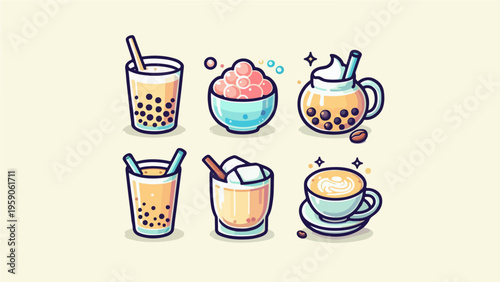 Cute Cartoon Bubble Tea and Coffee Drinks Collection with Boba, Latte and Shaved Ice, Kawaii Asian Beverage Icon Set Illustration