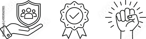 Professional Business Icons Representing Customer Protection and Insurance Services Quality Assurance Seal Approval and Empowered Success with Strong Raised Fist