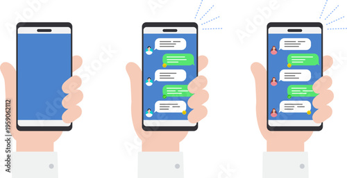 スマートフォンを持っている手のセット、チャットの画面、オンラインメッセージ