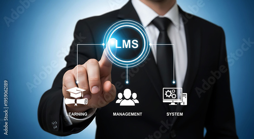 Businessman touching LMS icon for learning management system and online education
