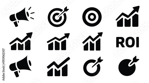 Marketing growth concept with silhouette logos and icons for business strategy roi and target audience engagement on white background