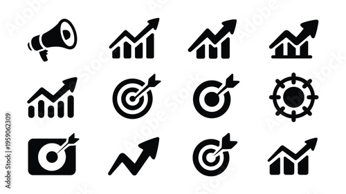 Business growth and marketing strategy icons black silhouettes on white background arrows and graphs