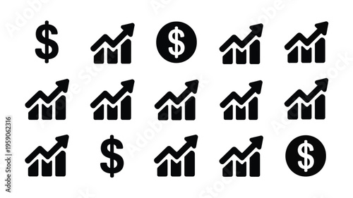 Financial growth icons with dollar signs and increasing graph symbols in black silhouette on white background