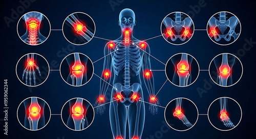 Human skeleton highlighting joint pain and inflammation in various body parts