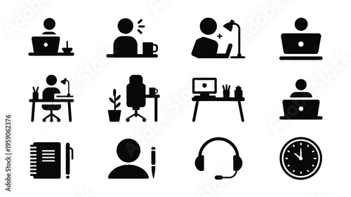 Remote work setup silhouette logos icons for business technology and lifestyle concepts