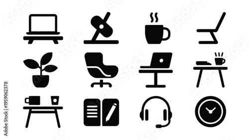 Collection of 12 minimalist black office icons on white background for business and productivity concepts