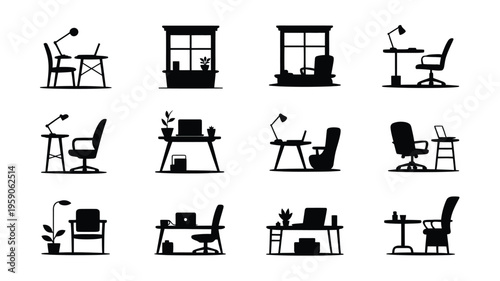 Silhouettes of various home office desks and chairs with lamps and plants on white background for remote work and productivity concepts