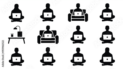 Digital freelancers working remotely on laptops in various home settings and poses