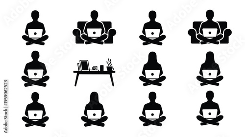 Freelancer silhouettes working remotely on laptops in various positions and settings