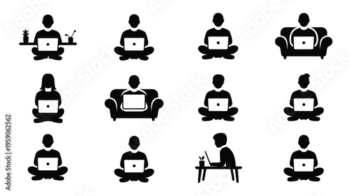 Digital freelancers working remotely in various settings with laptops and devices