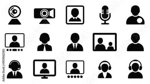 Online meeting and video conference icons with people screens and communication symbols in black on white background