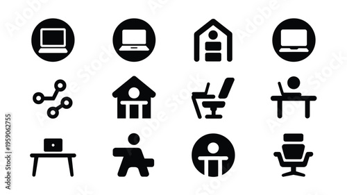 Modern remote workspace logo silhouette set for business and technology concepts