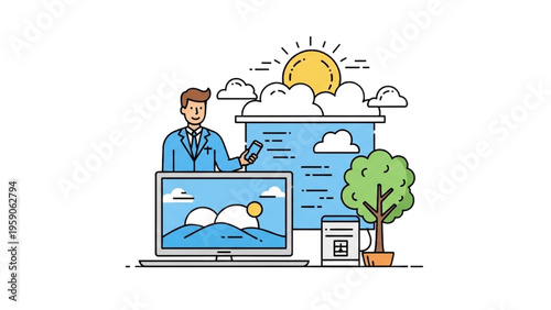 Digital Weather Forecast Concept Meteorologist with Screen Mobile App Climate Illustration