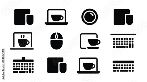 Flat lay of modern home office silhouettes with coffee cups and computers on white background for business and productivity concepts