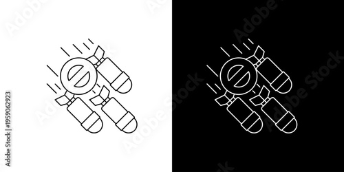 A graphic illustration of a forbidden bomb icon on a white and black background