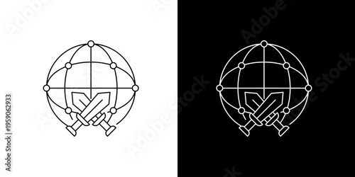 Global security icon concept with crossed swords and globe representing international defense and protection