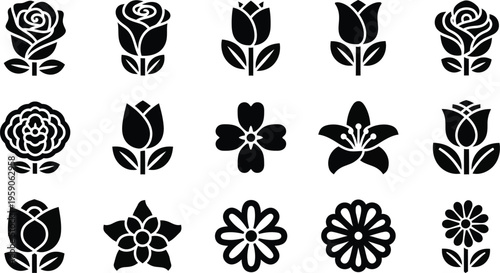 Black and white floral flowers silhouettes 4 rose