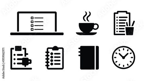 Productivity desk flat lay silhouette with office supplies and coffee