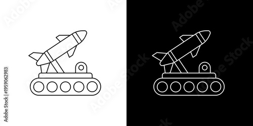 Vector icons of a rocket launcher on a tank track, presented in black and white