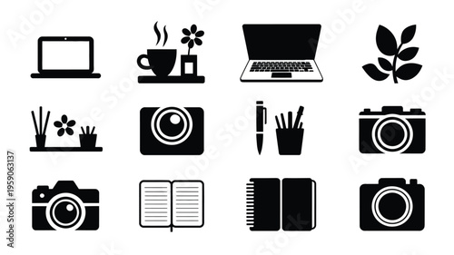 Aesthetic blogger desk flat lay with silhouettes of laptops cameras notebooks and plants on white background for creative workspace inspiration