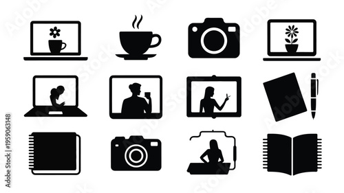 Silhouette icons of blogger's desk with coffee camera laptop and notebooks on white background flat lay